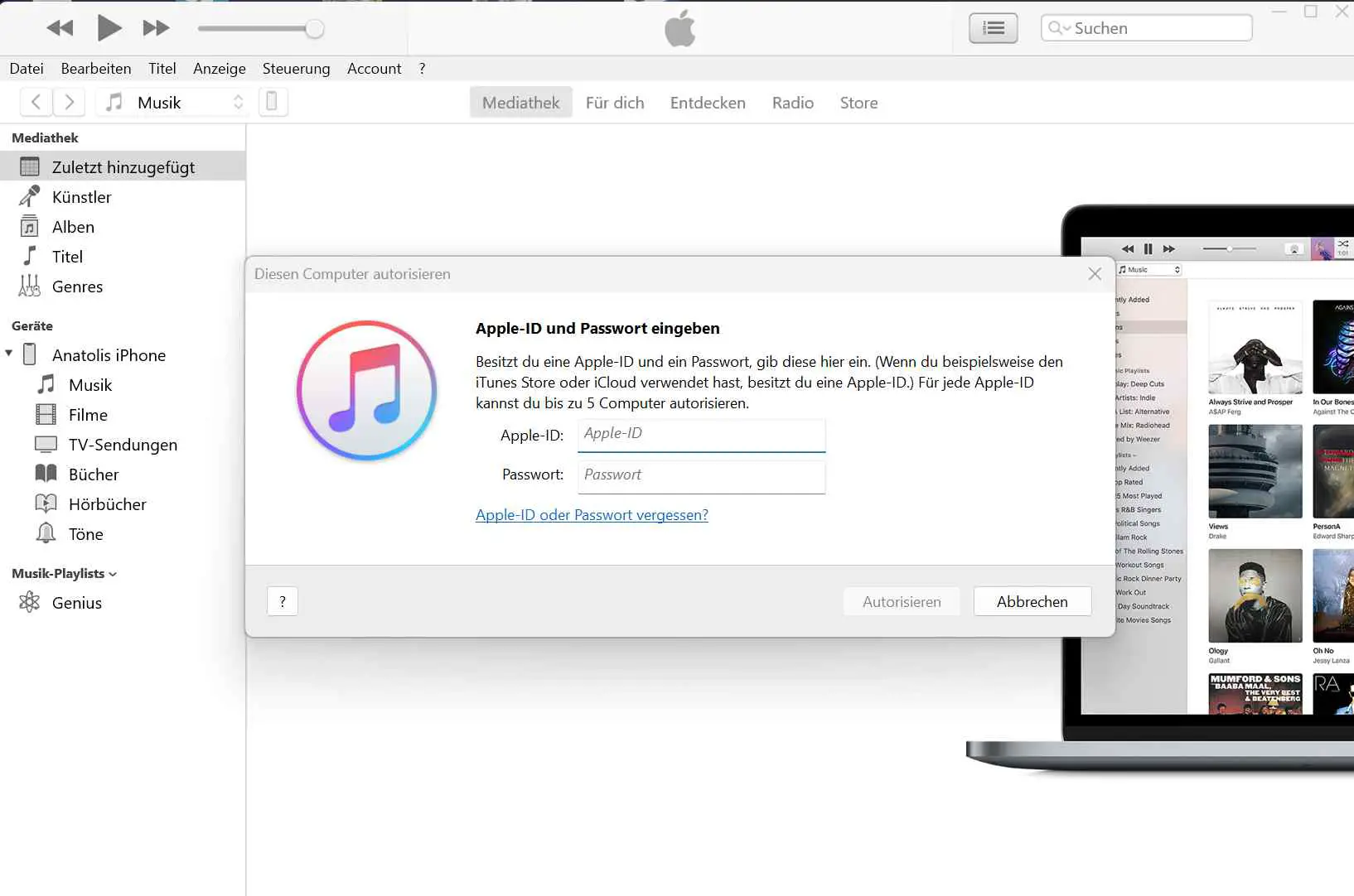 Gerät über iTunes autorisieren, um eine Verbindung zwischen PC und iPhone herzustellen